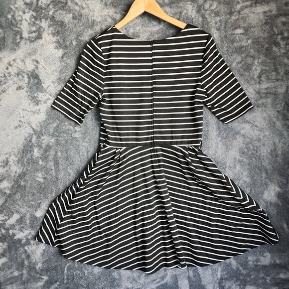 BCX Juniors Women Black 1/2 Short Sleeve Fit + Flare Dress Size 13 Striped Zip - Picture 6 of 11